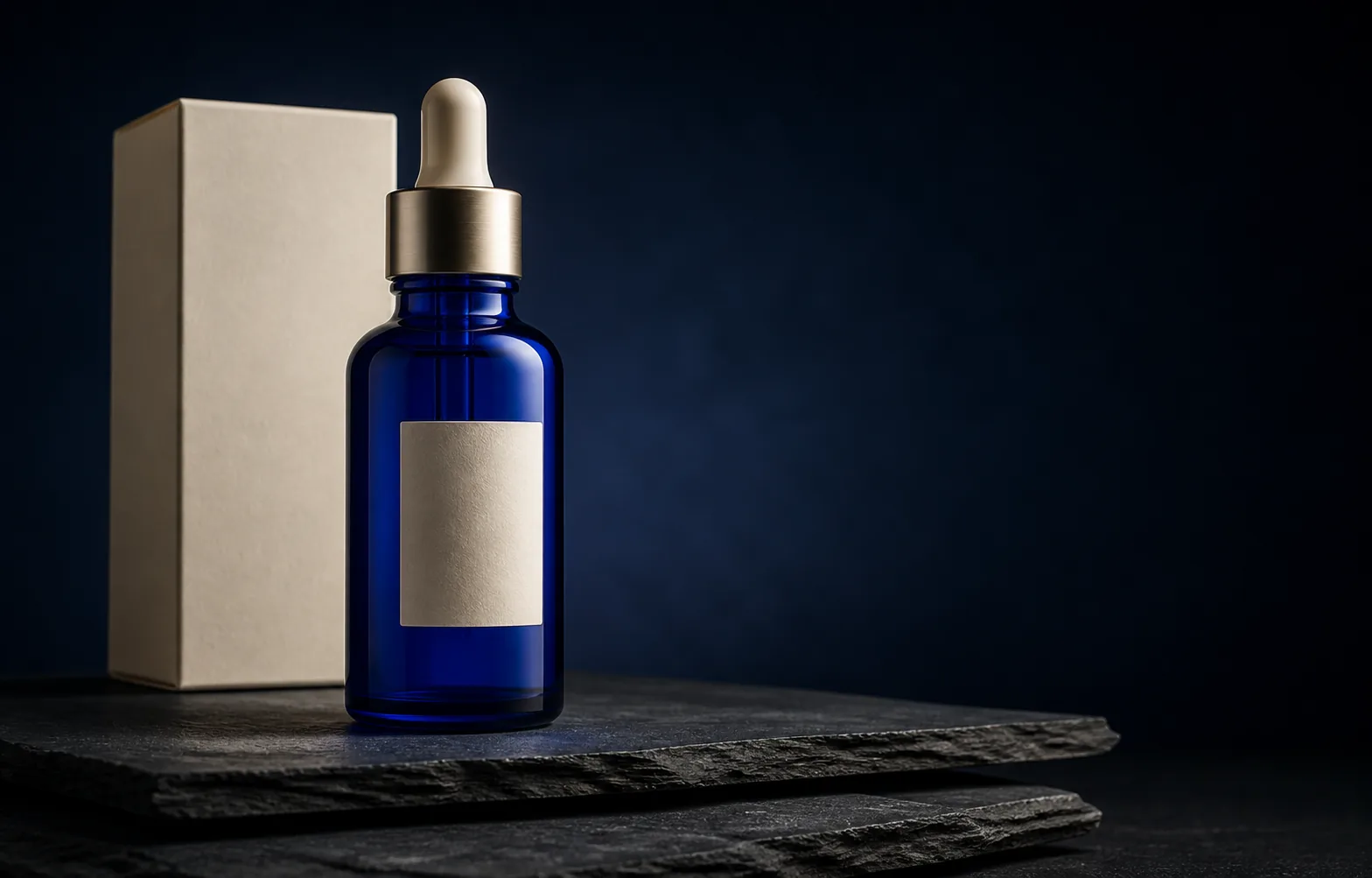 Synthetic cobalt serum bottle campaign still with three review annotations